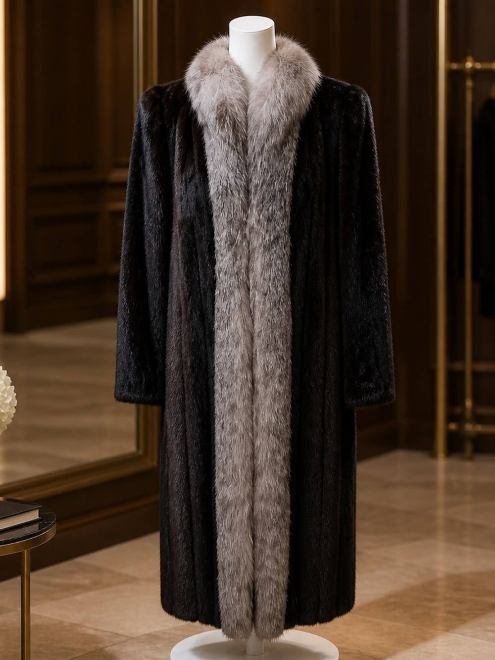 Luxury mink Fur Coat with Gray fox Fur Trim